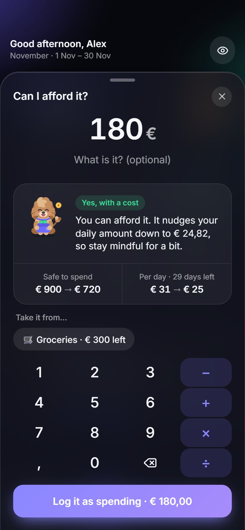 Can I afford it?: a screen of the Budgy app