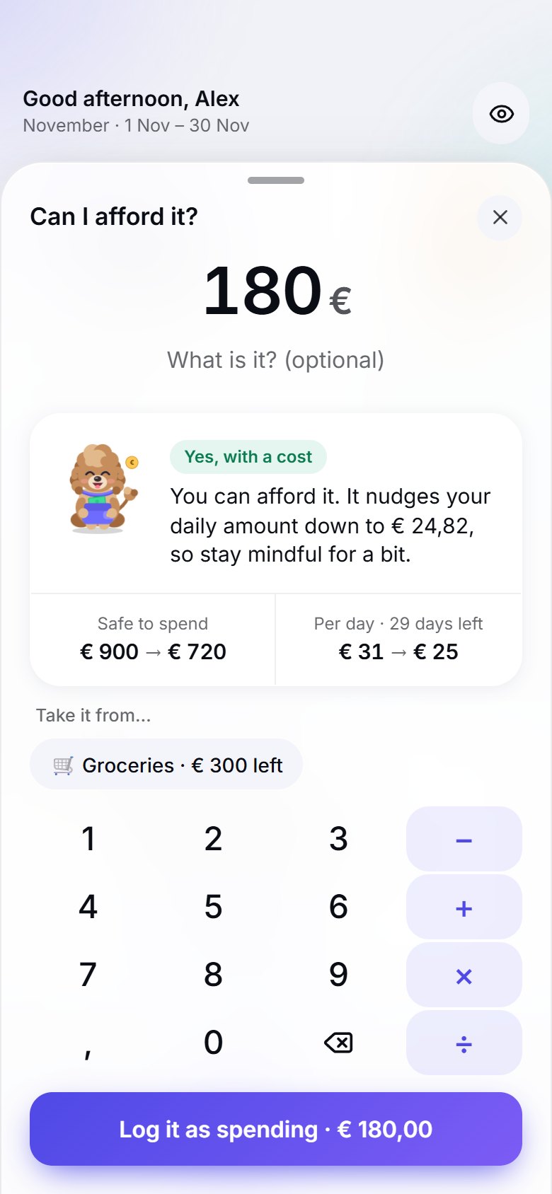Can I afford it?: a screen of the Budgy app