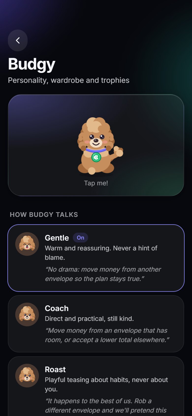 Budgy's corner: Personality, a wardrobe and 80+ fun badges to collect.