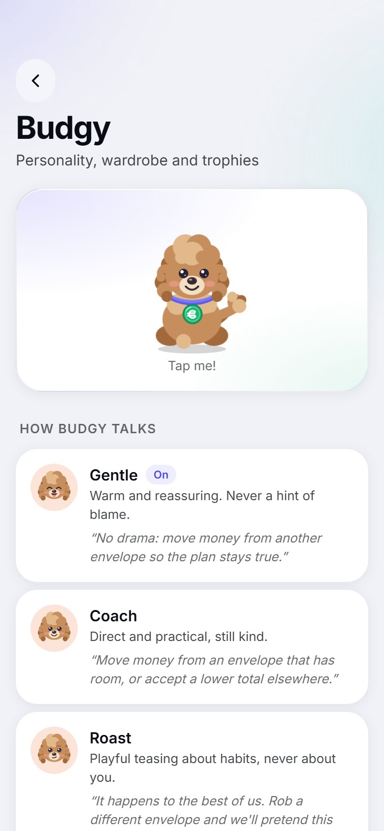 Budgy's corner: Personality, a wardrobe and 80+ fun badges to collect.