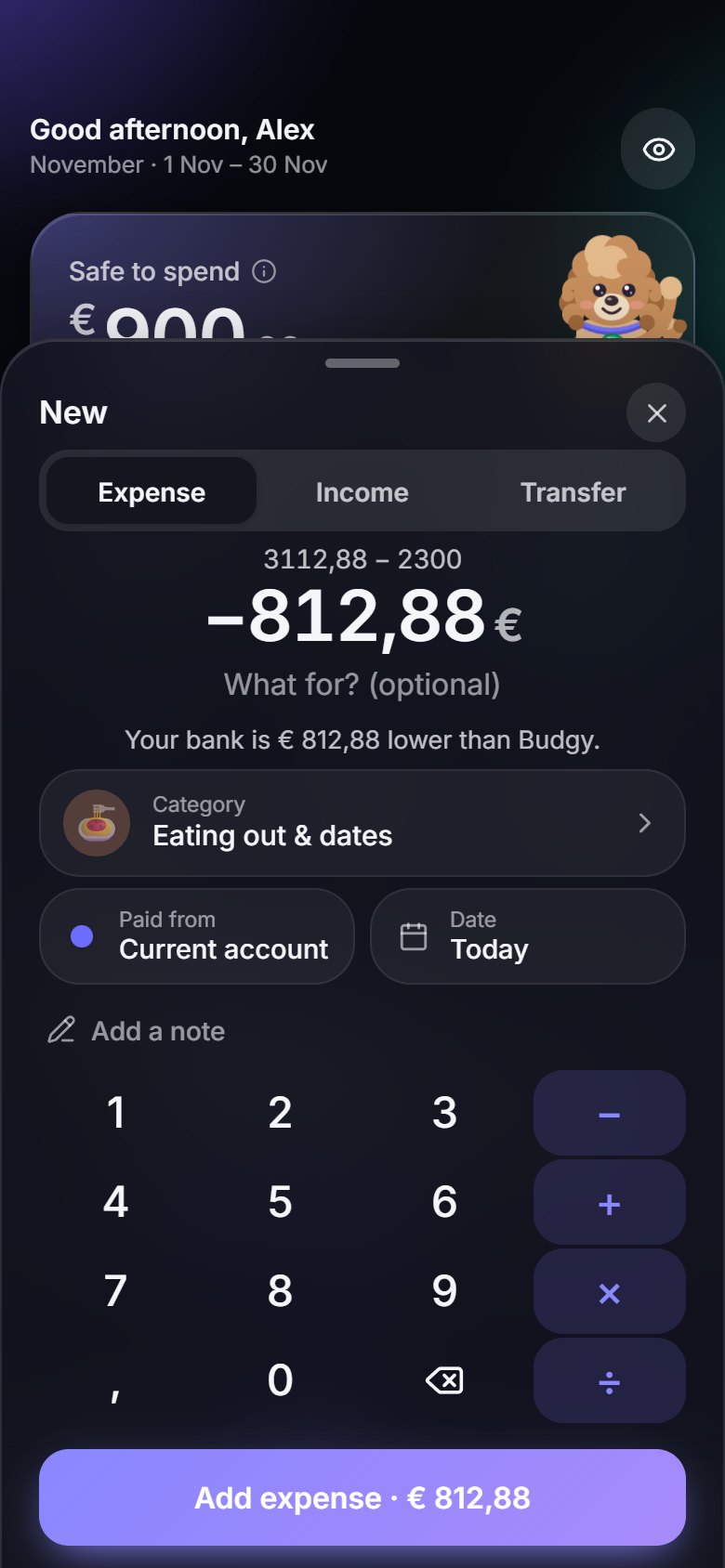 Do the sums: Budgy's number minus your bank's: the gap is one tap to log.