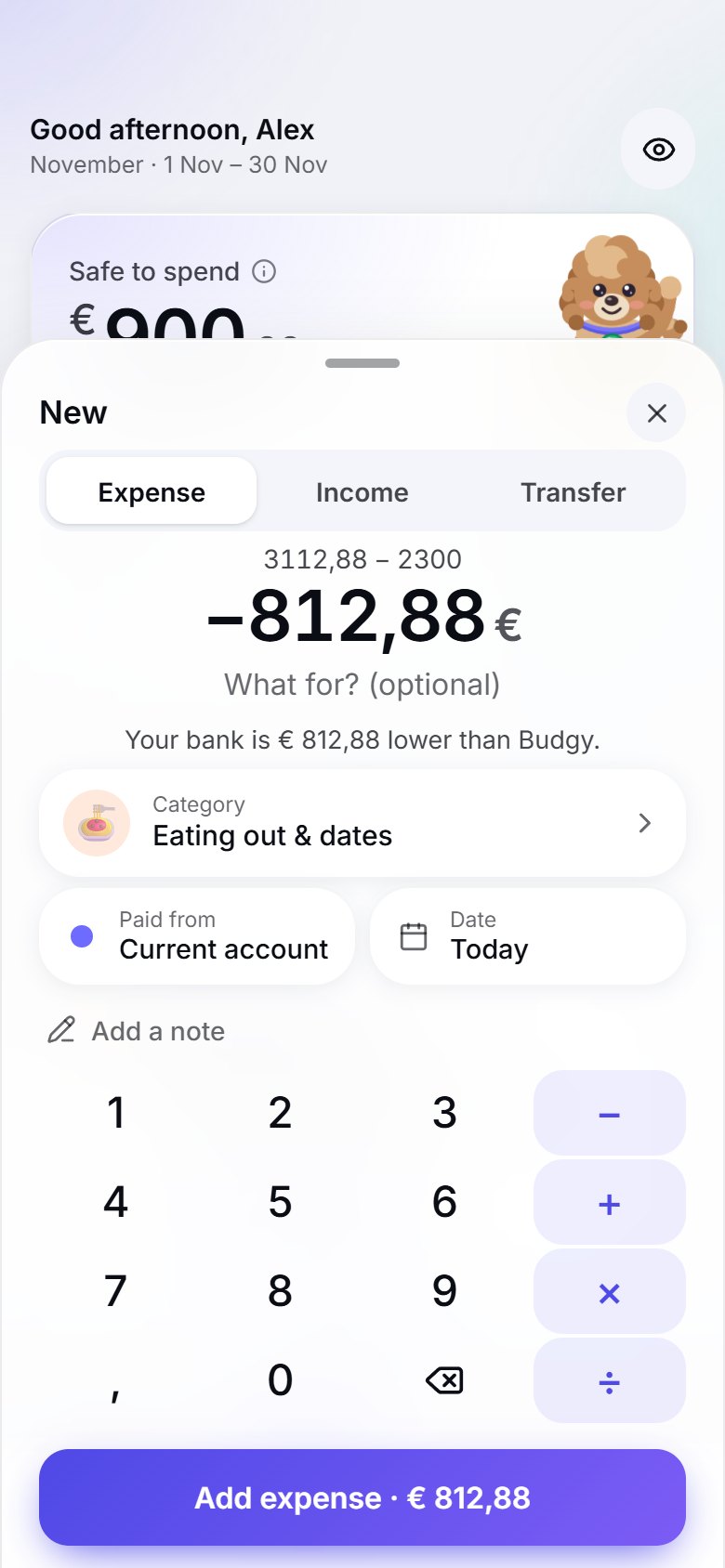 Do the sums: Budgy's number minus your bank's: the gap is one tap to log.