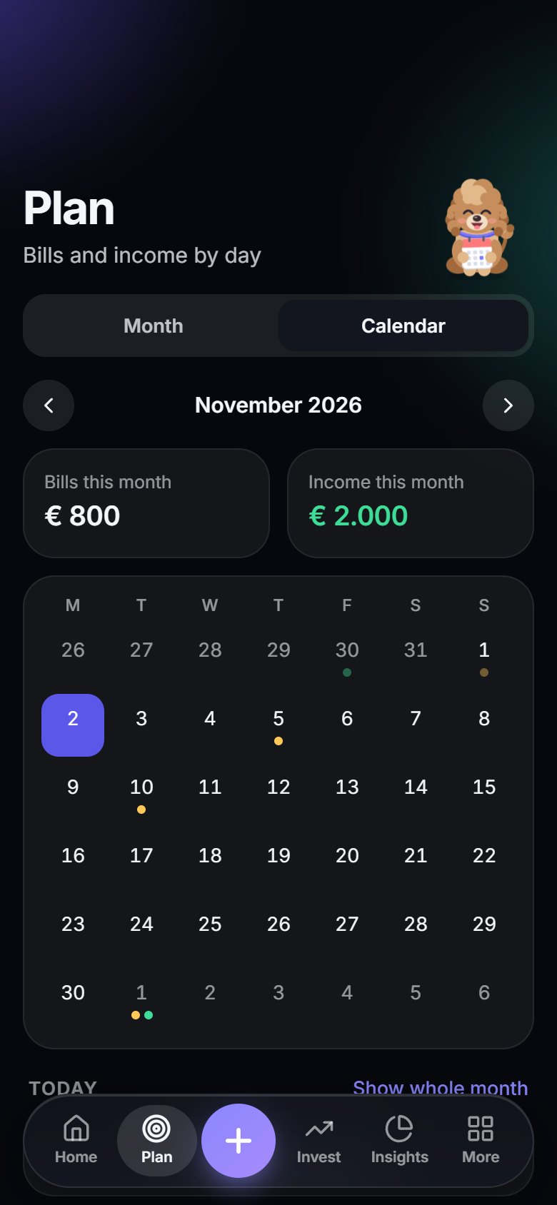 Bill calendar: Everything due, day by day.