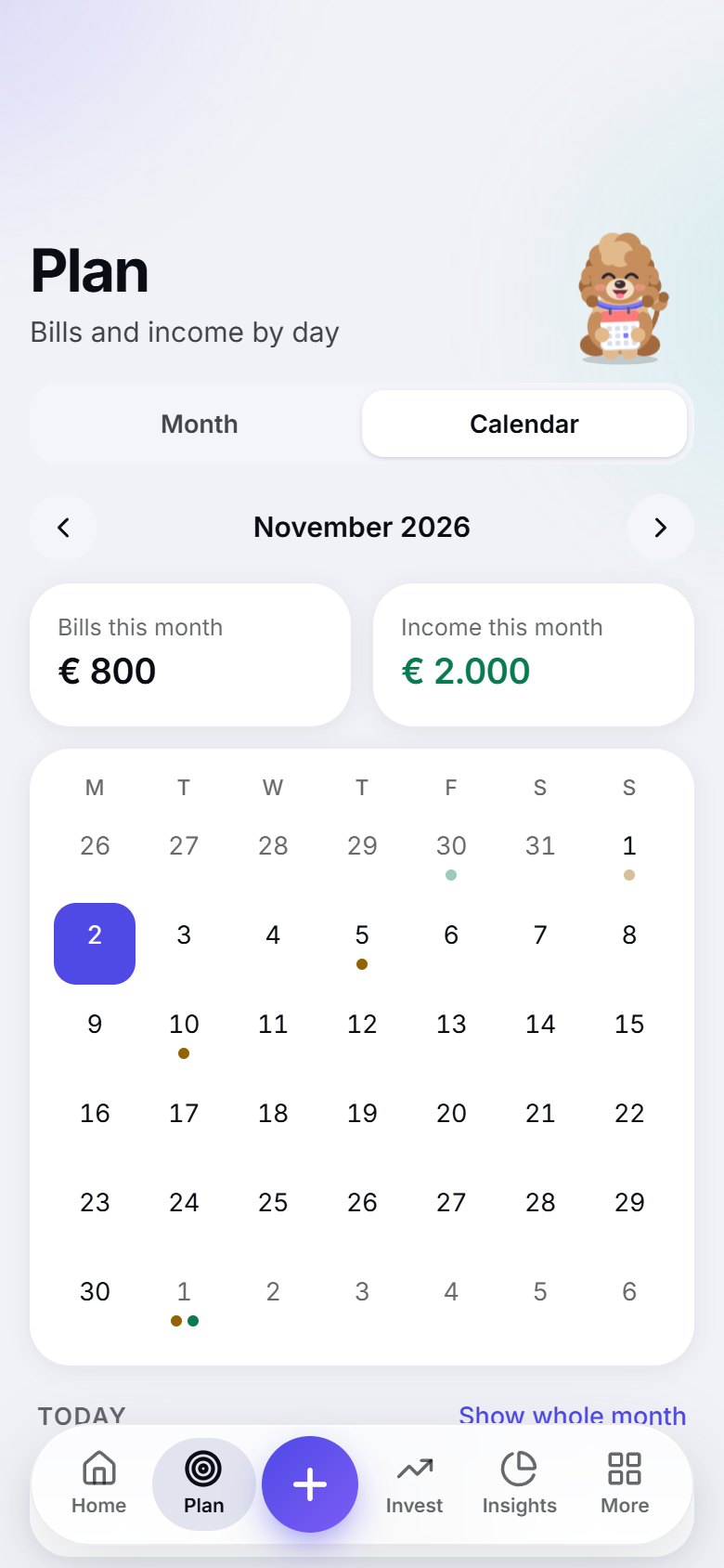 Bill calendar: Everything due, day by day.