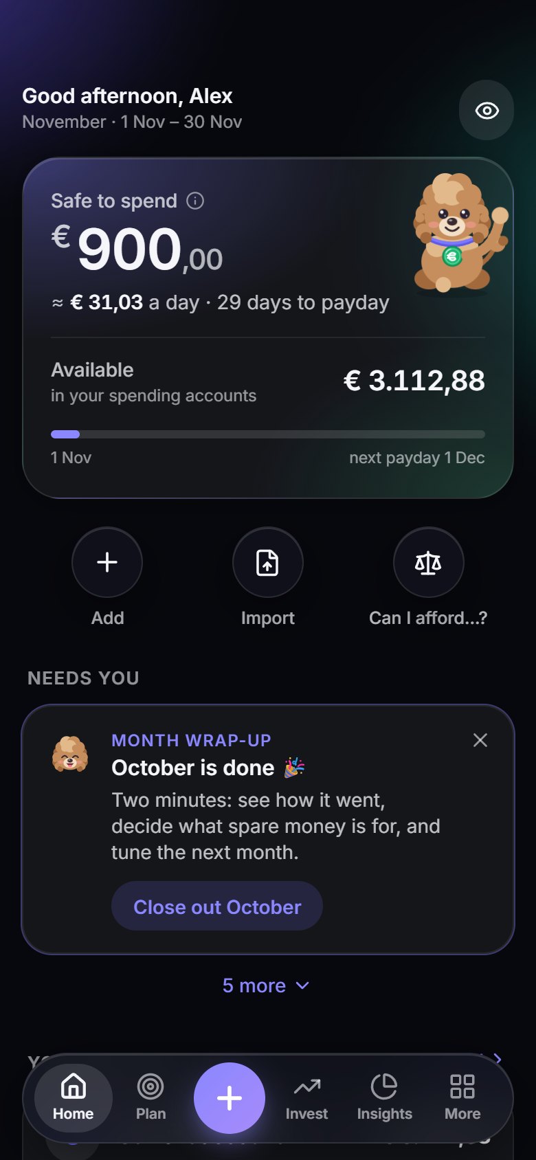 The Budgy home screen showing what is safe to spend today