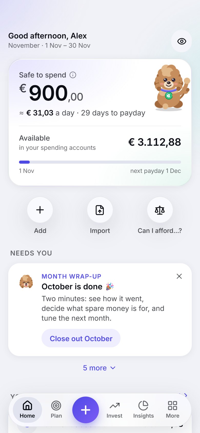 The Budgy home screen showing what is safe to spend today