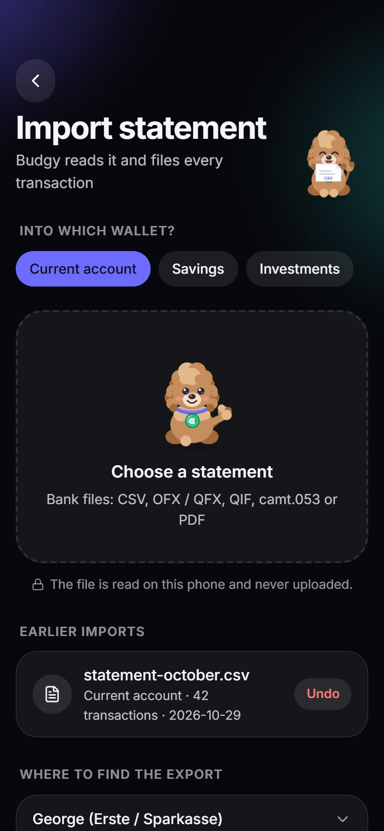 Import your bank statement: a screen of the Budgy app