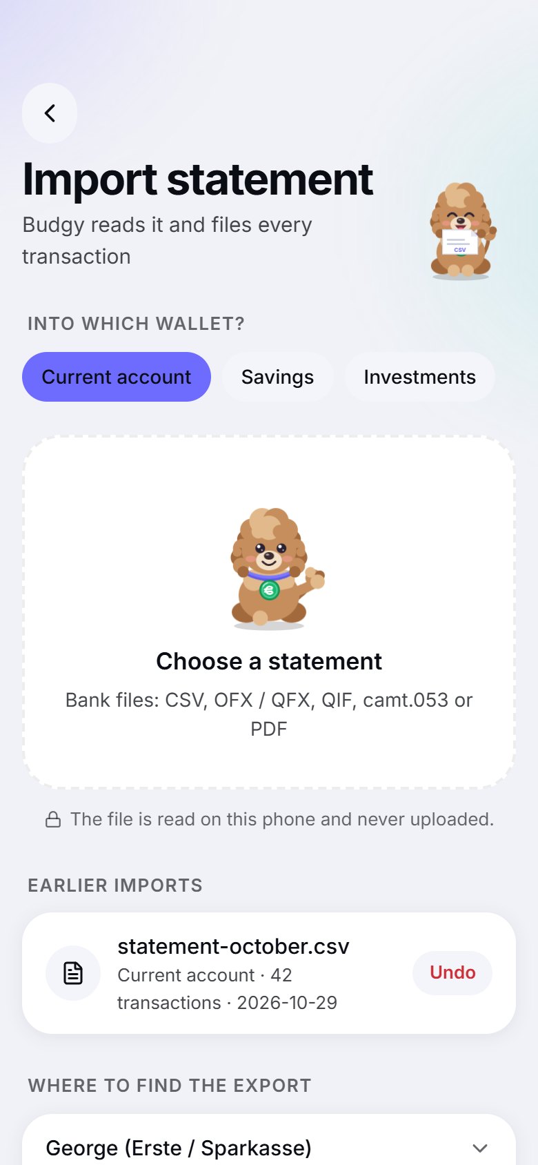 Import your bank statement: a screen of the Budgy app