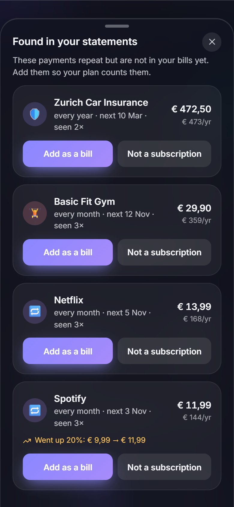 Find the payments that repeat: a screen of the Budgy app
