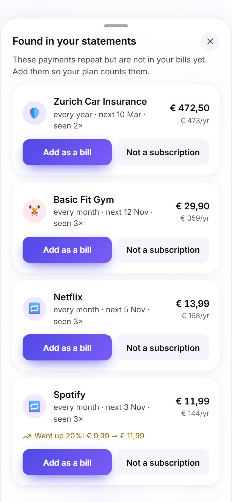 Find the payments that repeat: a screen of the Budgy app